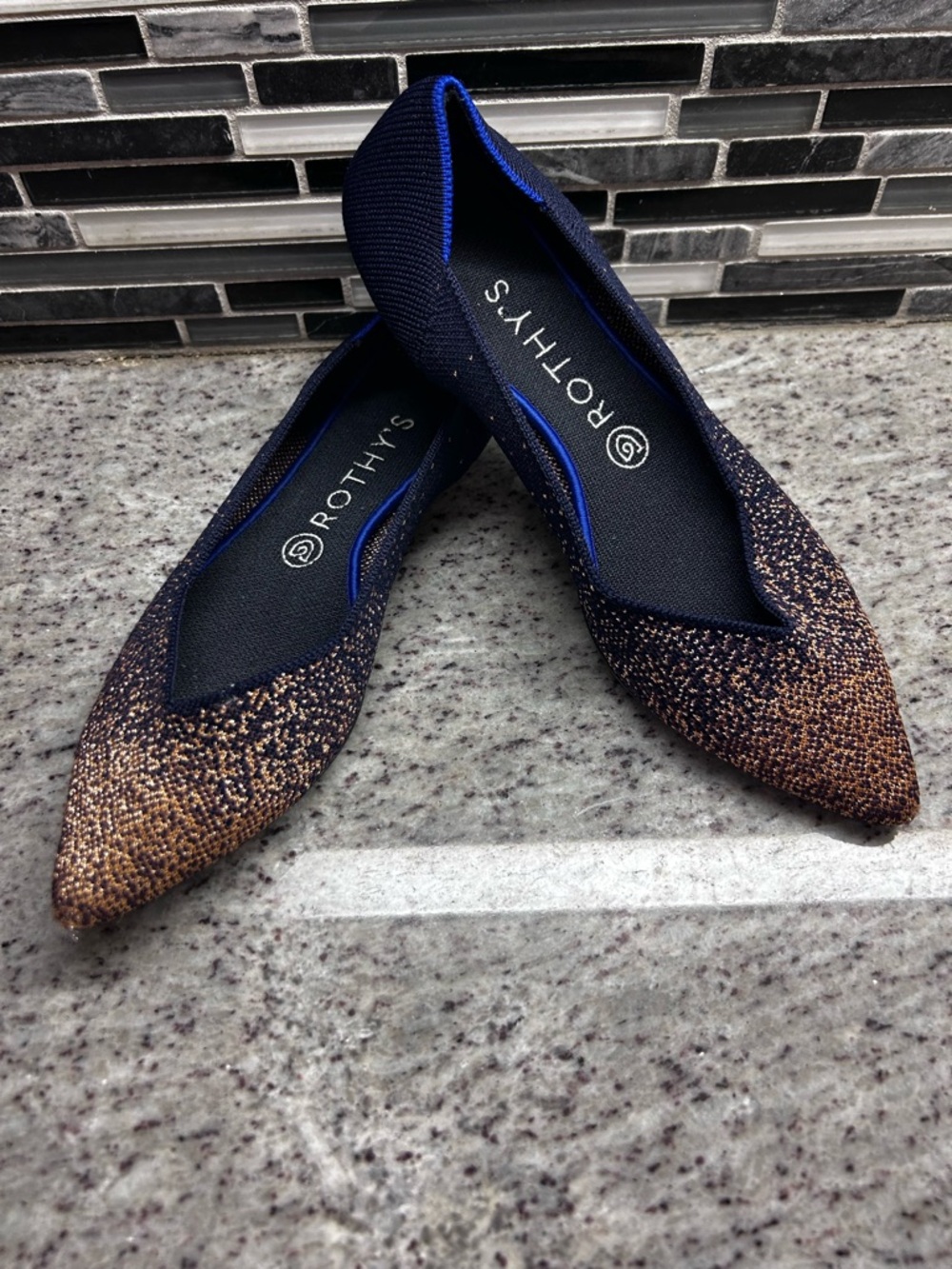 Rothy's Pointed Knit Flats in Navy and Gold Glitter size 9.5